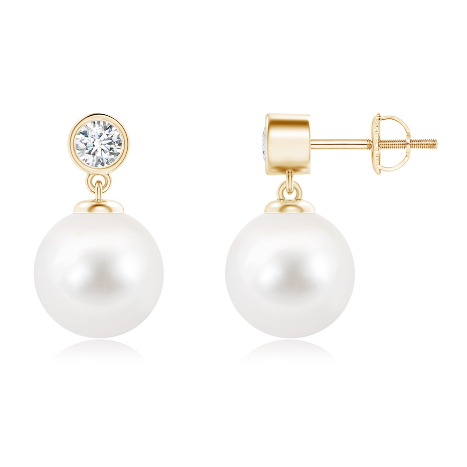 9mm AA Freshwater Pearl Drop Earrings with Bezel Diamond in Yellow Gold 