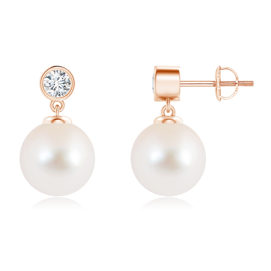 9mm AAA Freshwater Pearl Drop Earrings with Bezel Diamond in Rose Gold 