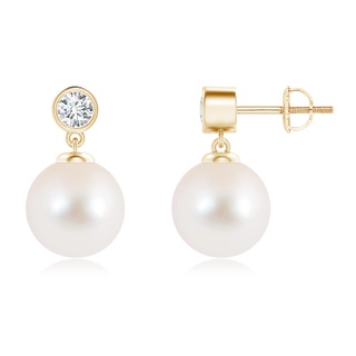 9mm AAA Freshwater Pearl Drop Earrings with Bezel Diamond in Yellow Gold