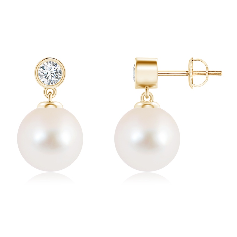 9mm AAA Freshwater Pearl Drop Earrings with Bezel Diamond in Yellow Gold 