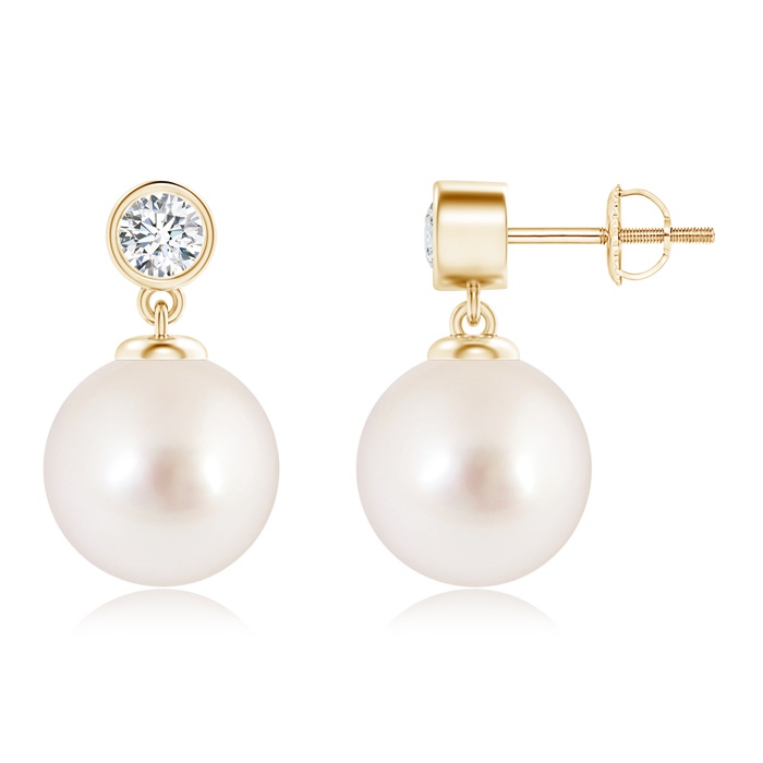 10mm AAAA South Sea Cultured Pearl Drop Earrings with Bezel Diamond in Yellow Gold