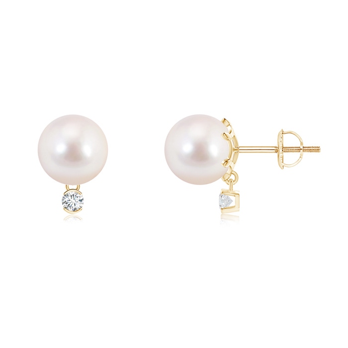 8mm AAAA Japanese Akoya Pearl Studs with Diamond in Yellow Gold