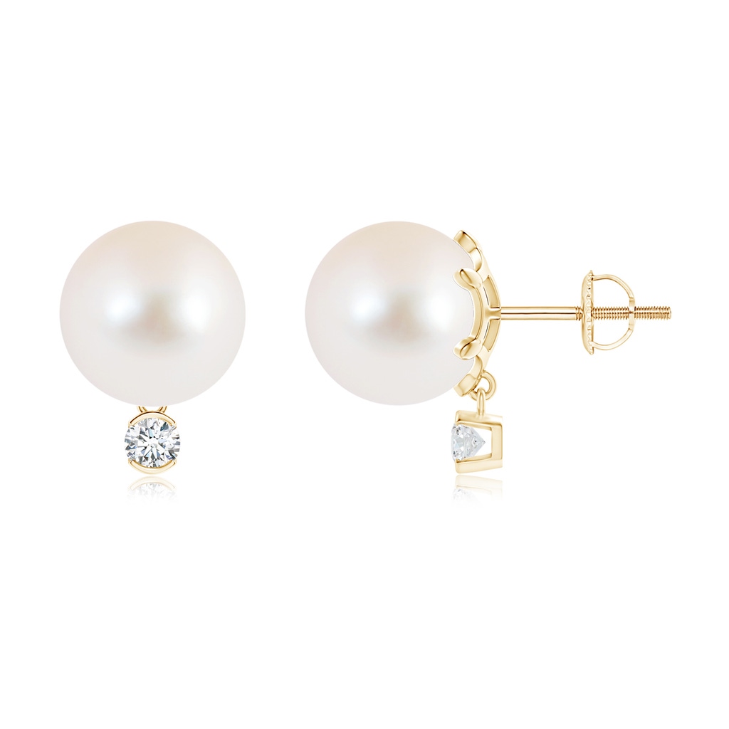 10mm AAA Freshwater Pearl Studs with Diamond in Yellow Gold