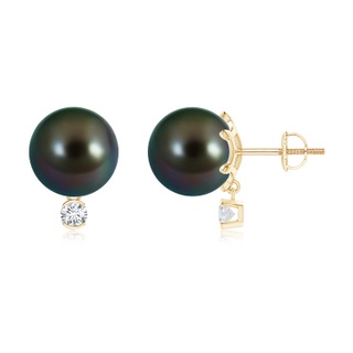 10mm AAAA Tahitian Pearl Studs with Diamond in Yellow Gold