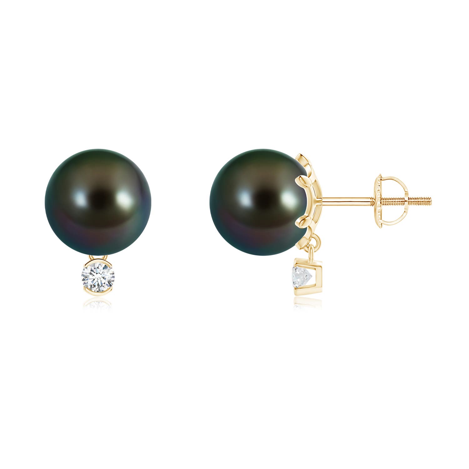9mm AAAA Tahitian Pearl Studs with Diamond in Yellow Gold