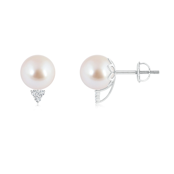 8mm AAA Japanese Akoya Pearl Stud Earrings with Diamond Trio in White Gold 