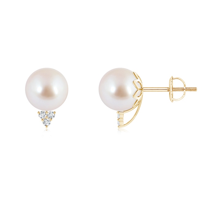 8mm AAA Japanese Akoya Pearl Stud Earrings with Diamond Trio in Yellow Gold 