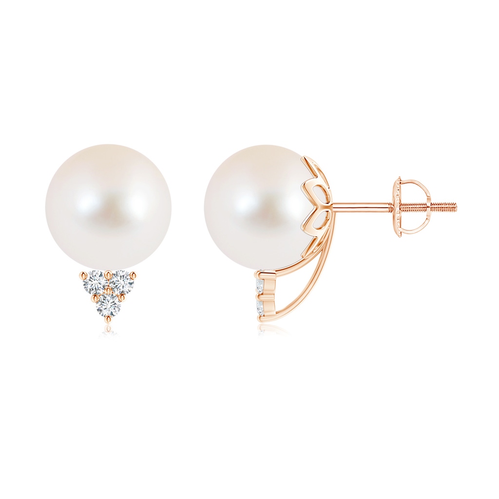 10mm AAA Freshwater Cultured Pearl Stud Earrings with Diamond Trio in Rose Gold