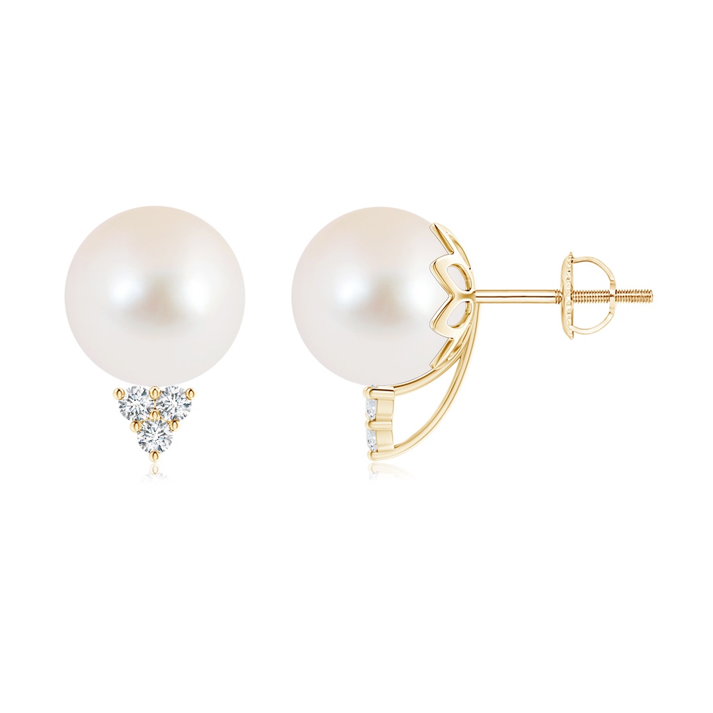 10mm AAA Freshwater Cultured Pearl Stud Earrings with Diamond Trio in Yellow Gold