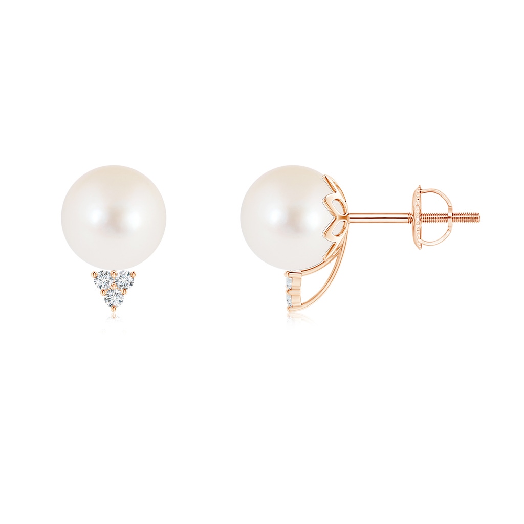 8mm AAA Freshwater Cultured Pearl Stud Earrings with Diamond Trio in Rose Gold