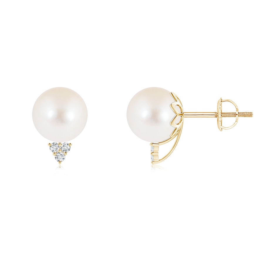 8mm AAA Freshwater Cultured Pearl Stud Earrings with Diamond Trio in Yellow Gold 