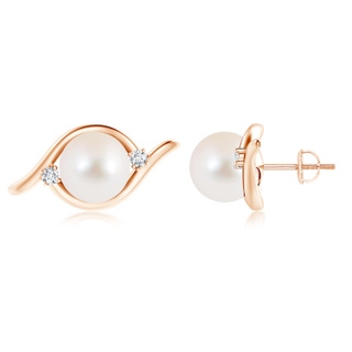 10mm AAA Freshwater Cultured Pearl Bypass Stud Earrings with Diamonds in Rose Gold