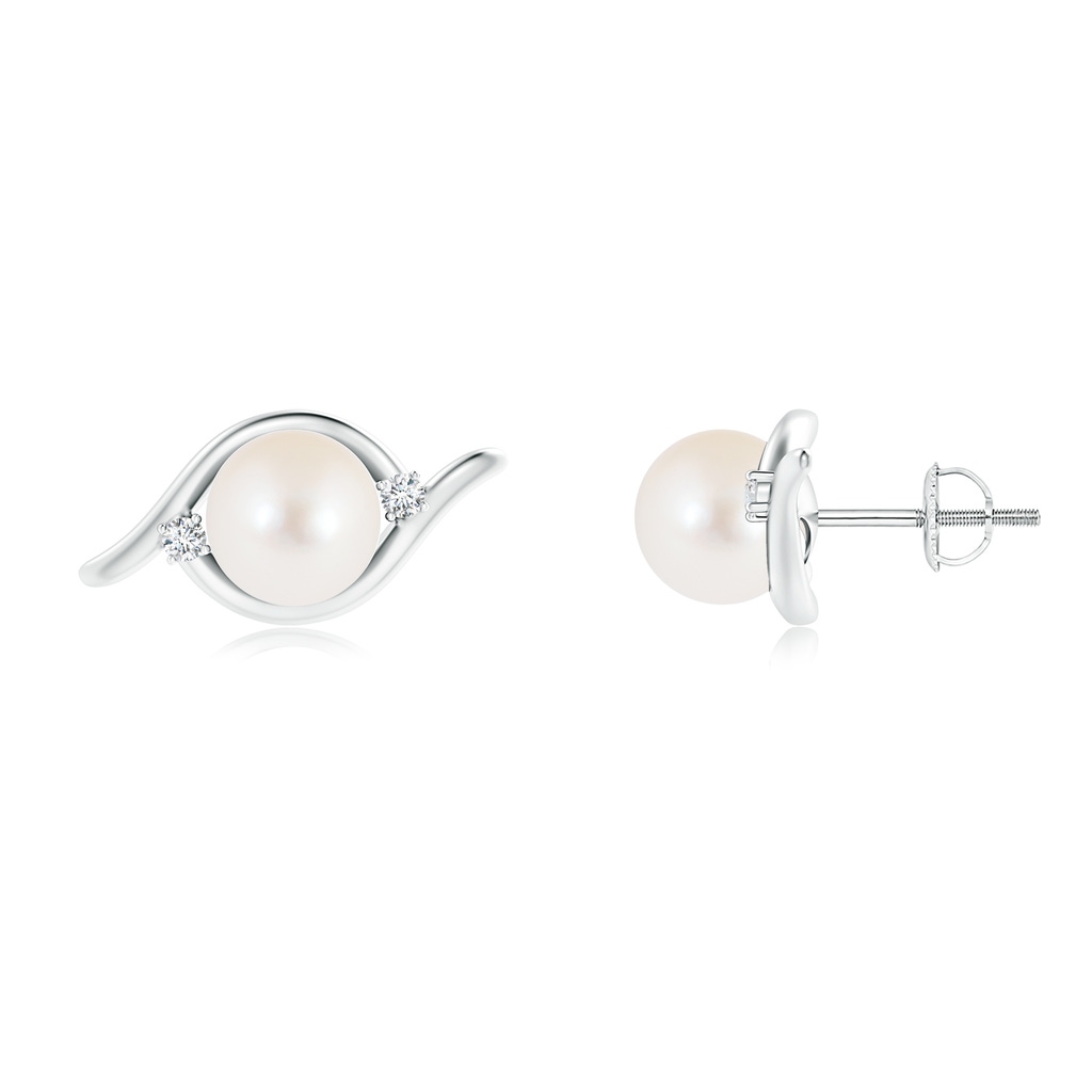 8mm AAA Freshwater Cultured Pearl Bypass Stud Earrings with Diamonds in White Gold