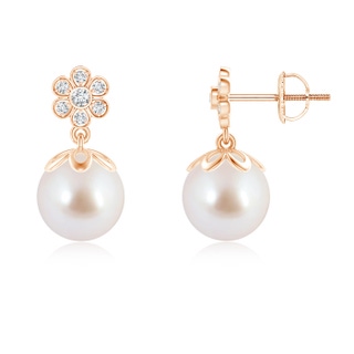 8mm AAA Akoya Cultured Pearl and Diamond Floral Drop Earrings in Rose Gold