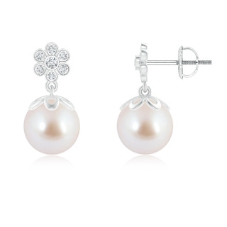 8mm AAA Akoya Cultured Pearl and Diamond Floral Drop Earrings in White Gold