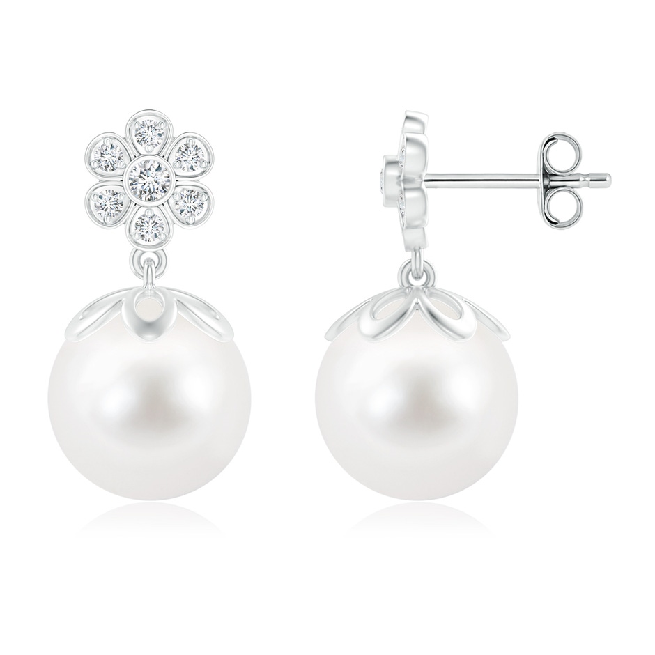 10mm AA Freshwater Pearl and Diamond Floral Drop Earrings in S999 Silver 