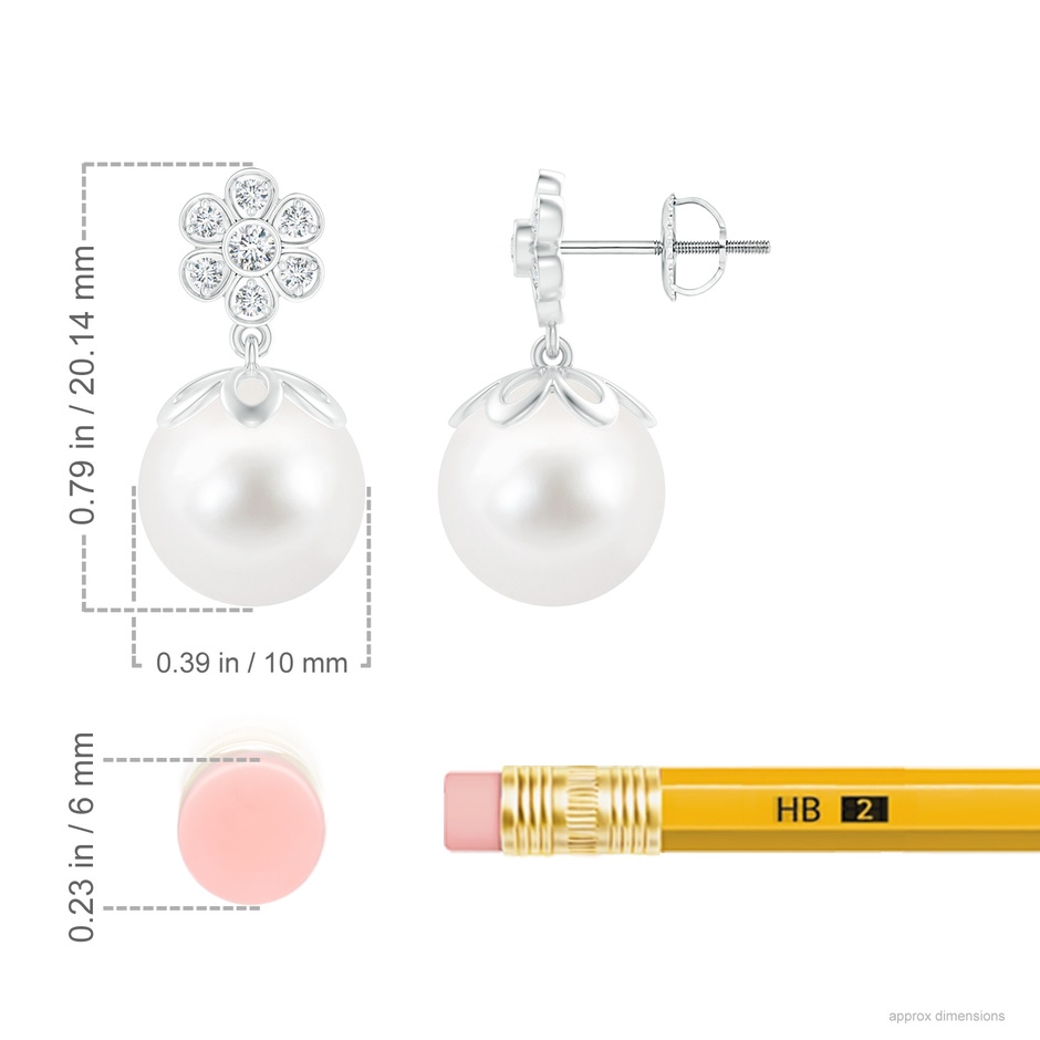 10mm AA Freshwater Pearl and Diamond Floral Drop Earrings in S999 Silver ruler