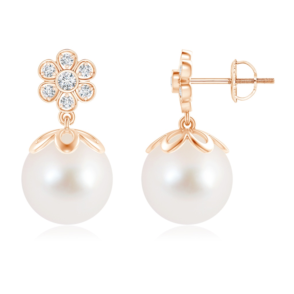 10mm AAA Freshwater Pearl and Diamond Floral Drop Earrings in Rose Gold