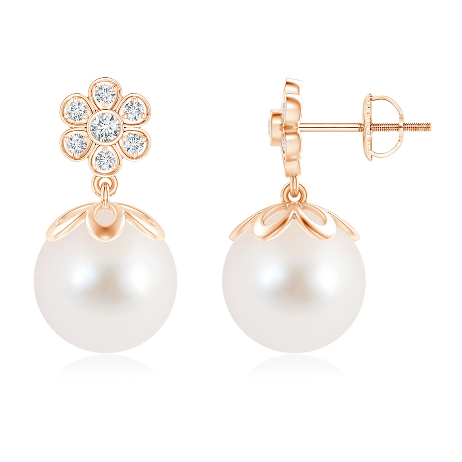 10mm AAA Freshwater Pearl and Diamond Floral Drop Earrings in Rose Gold 