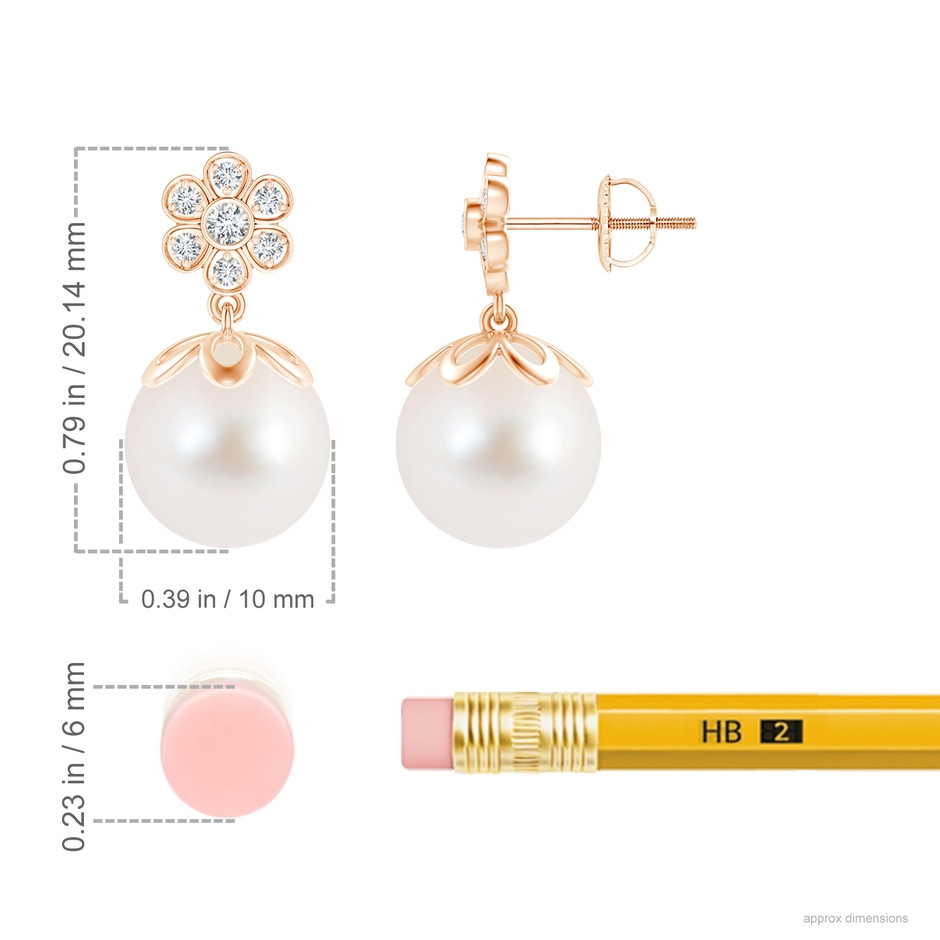 10mm AAA Freshwater Pearl and Diamond Floral Drop Earrings in Rose Gold ruler