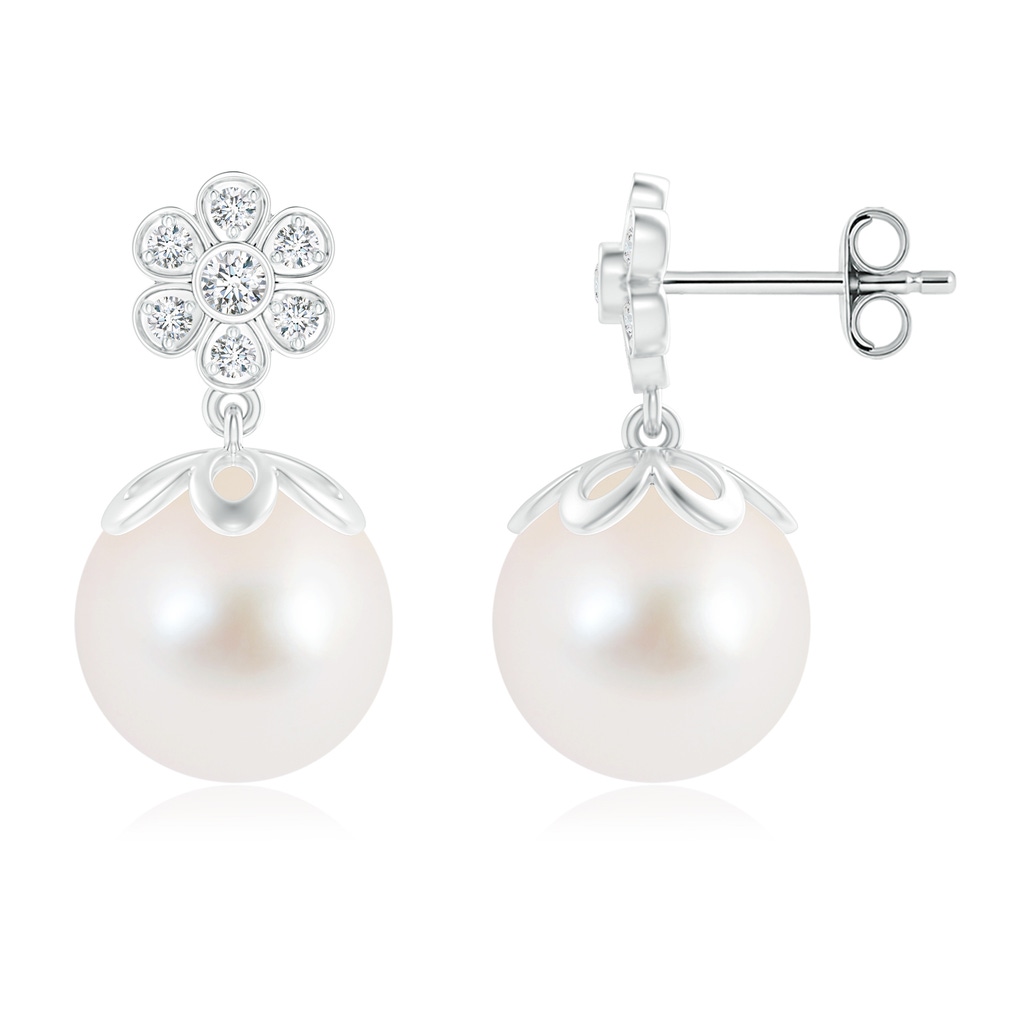 10mm AAA Freshwater Pearl and Diamond Floral Drop Earrings in S999 Silver