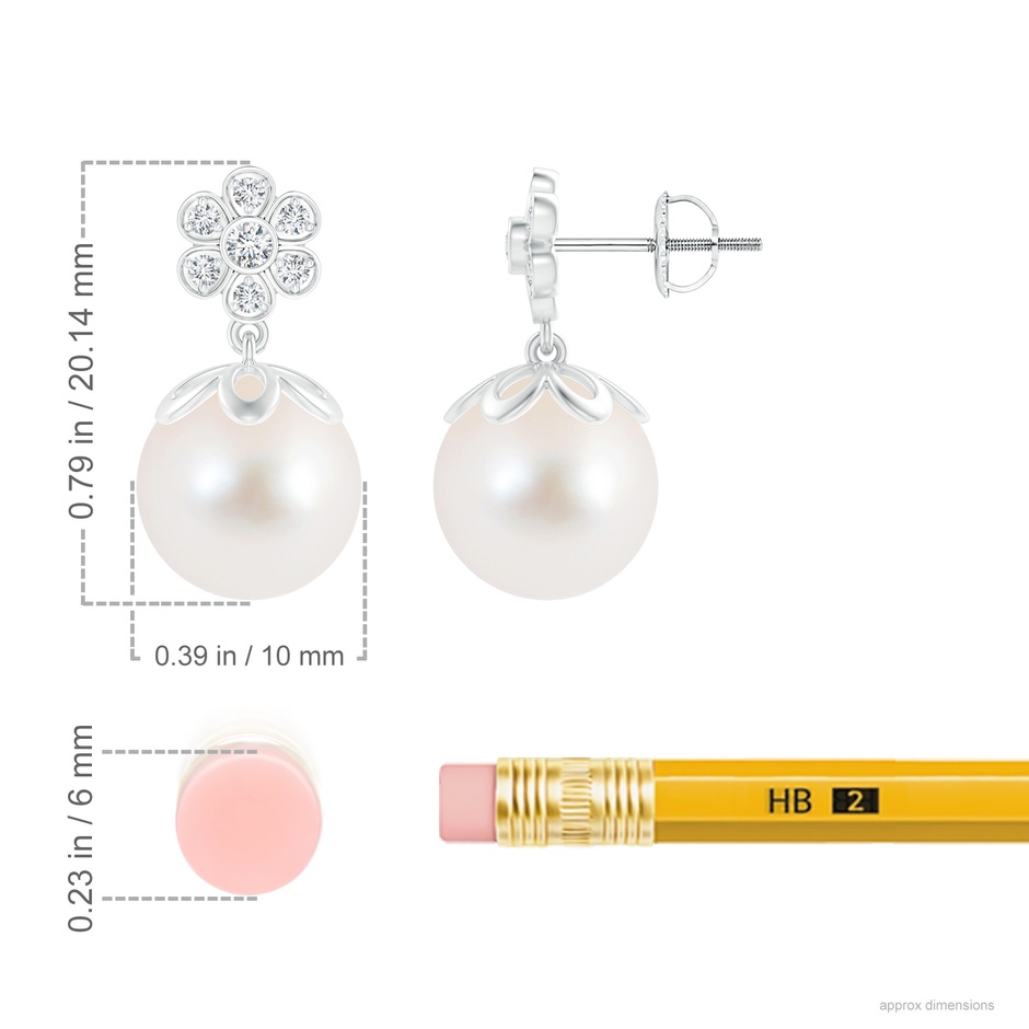 10mm AAA Freshwater Pearl and Diamond Floral Drop Earrings in S999 Silver ruler