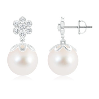 10mm AAA Freshwater Pearl and Diamond Floral Drop Earrings in White Gold