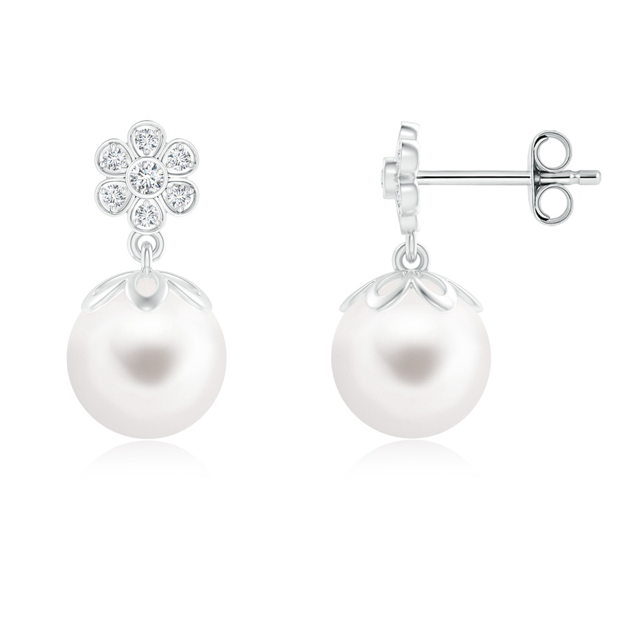 8mm AA Freshwater Pearl and Diamond Floral Drop Earrings in S999 Silver 