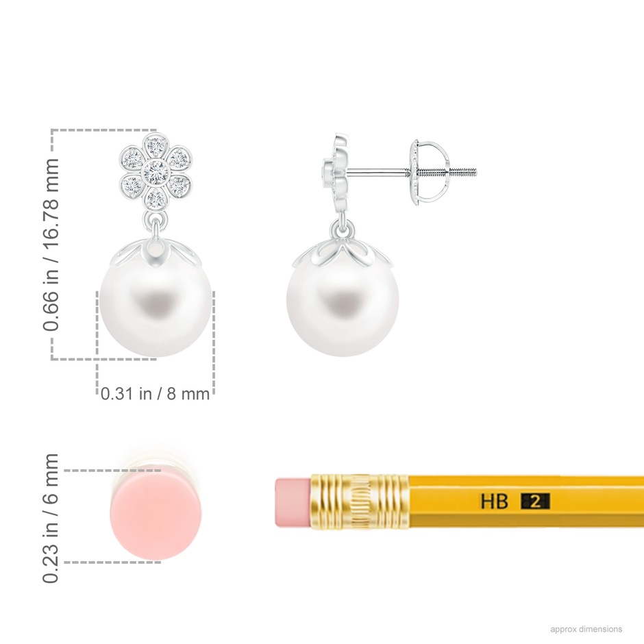 8mm AA Freshwater Pearl and Diamond Floral Drop Earrings in S999 Silver ruler