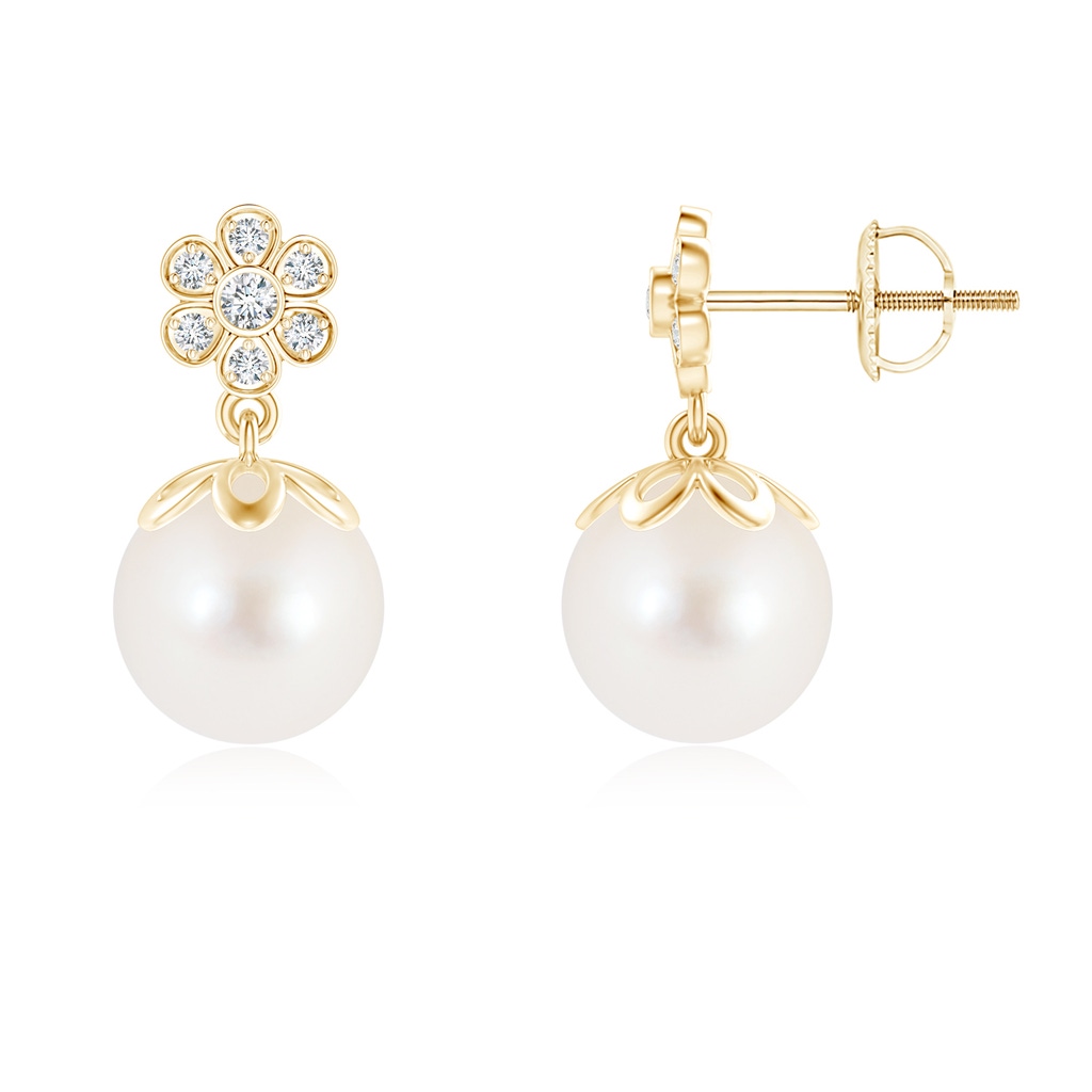 8mm AAA Freshwater Pearl and Diamond Floral Drop Earrings in Yellow Gold