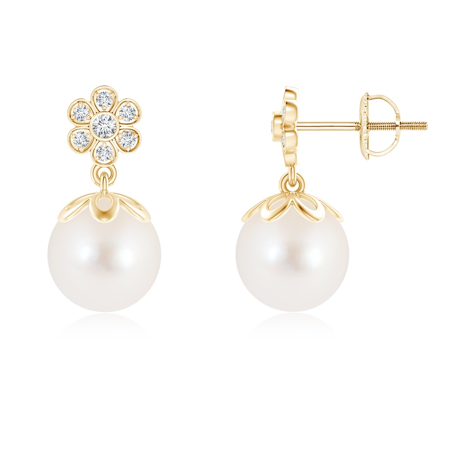 8mm AAA Freshwater Pearl and Diamond Floral Drop Earrings in Yellow Gold 