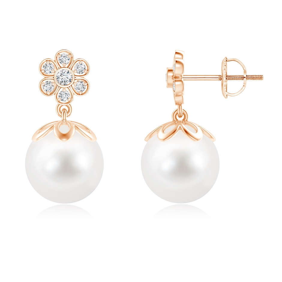 9mm AA Freshwater Pearl and Diamond Floral Drop Earrings in 9K Rose Gold 
