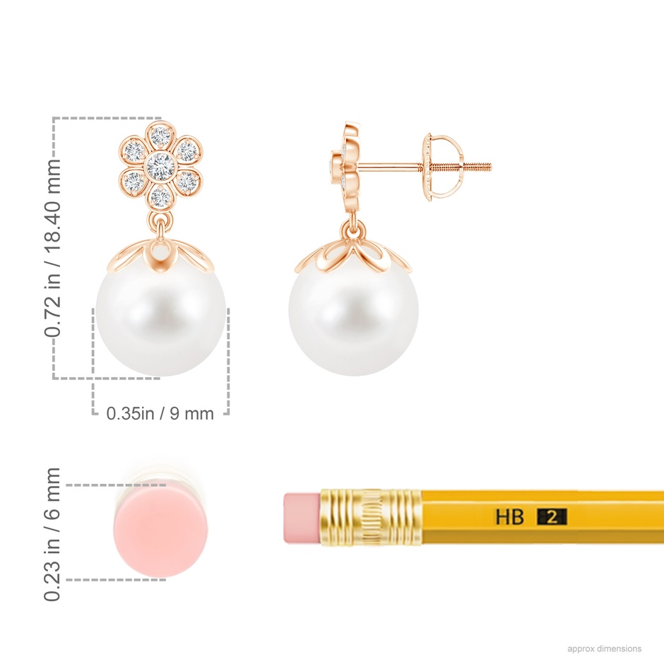 9mm AA Freshwater Pearl and Diamond Floral Drop Earrings in 9K Rose Gold ruler