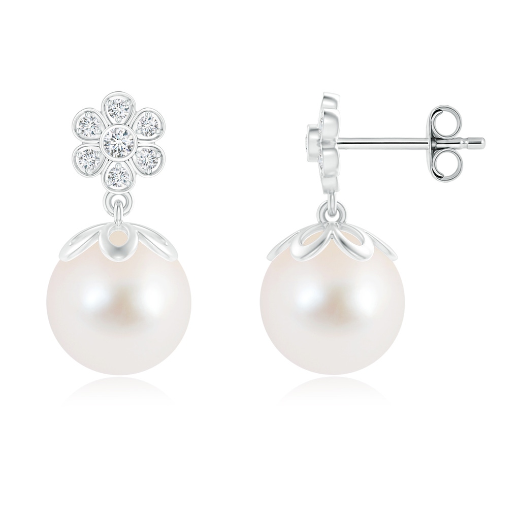 9mm AAA Freshwater Pearl and Diamond Floral Drop Earrings in S999 Silver