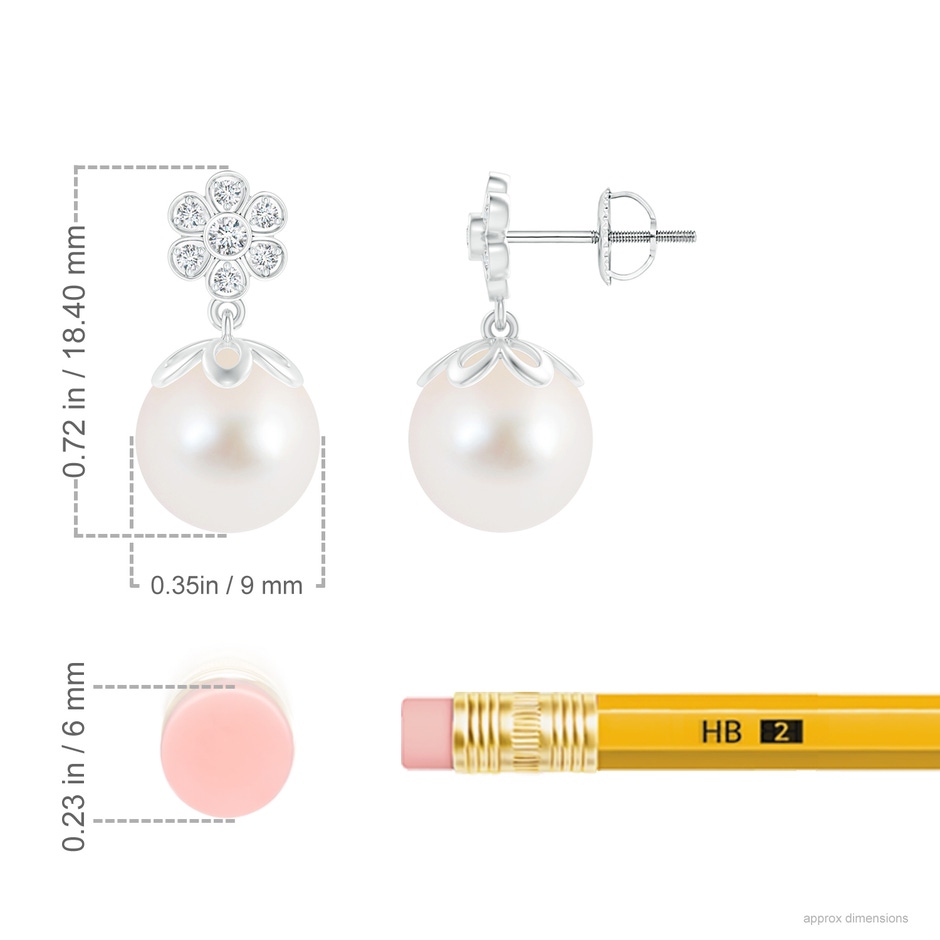 9mm AAA Freshwater Pearl and Diamond Floral Drop Earrings in S999 Silver ruler