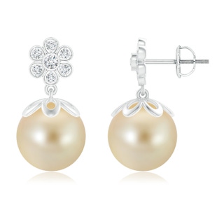 10mm AAA Golden South Sea Cultured Pearl Floral Drop Earrings in White Gold