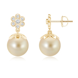 9mm AAA Golden South Sea Cultured Pearl Floral Drop Earrings in Yellow Gold