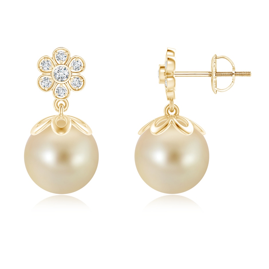 9mm AAA Golden South Sea Cultured Pearl Floral Drop Earrings in Yellow Gold 