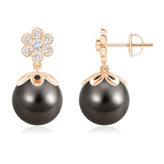 10mm AAA Tahitian Cultured Pearl and Diamond Floral Drop Earrings in Rose Gold
