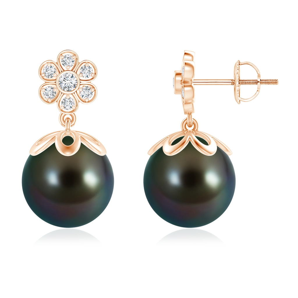10mm AAAA Tahitian Cultured Pearl and Diamond Floral Drop Earrings in Rose Gold