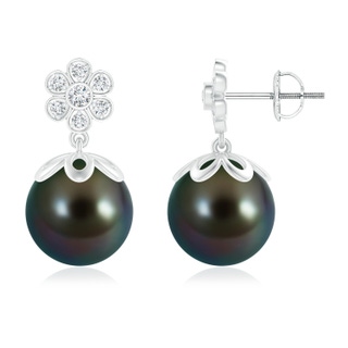 10mm AAAA Tahitian Cultured Pearl and Diamond Floral Drop Earrings in White Gold