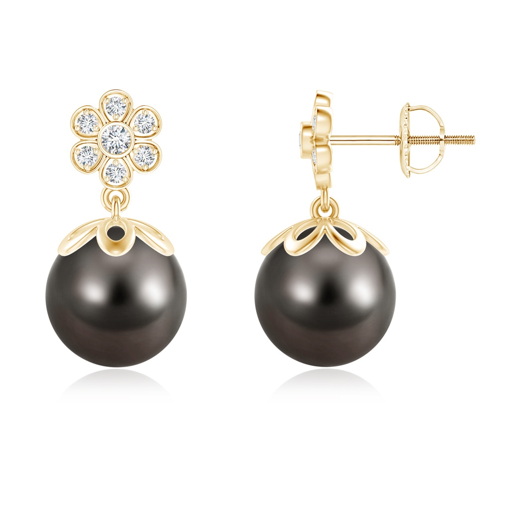 9mm AAA Tahitian Cultured Pearl and Diamond Floral Drop Earrings in Yellow Gold