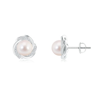 8mm AAAA Akoya Cultured Pearl Knot Earrings with Diamonds in White Gold