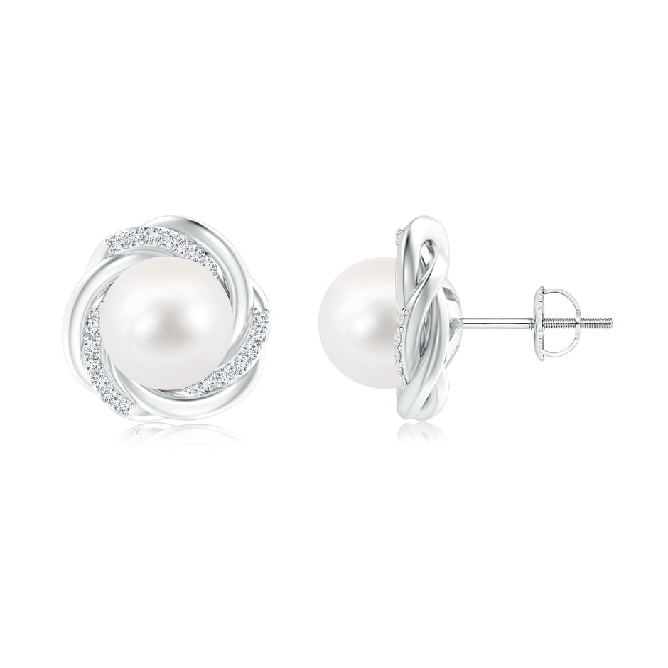 10mm AA Freshwater Pearl Knot Earrings with Diamonds in White Gold 