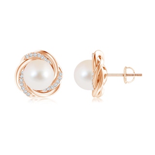 10mm AAA Freshwater Pearl Knot Earrings with Diamonds in Rose Gold