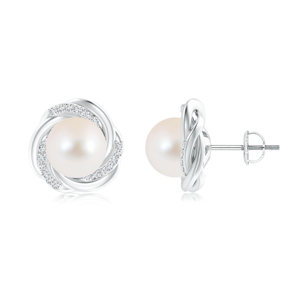 10mm AAA Freshwater Pearl Knot Earrings with Diamonds in White Gold