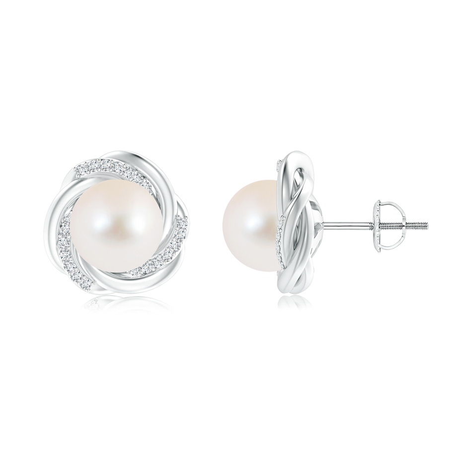 10mm AAA Freshwater Pearl Knot Earrings with Diamonds in White Gold 