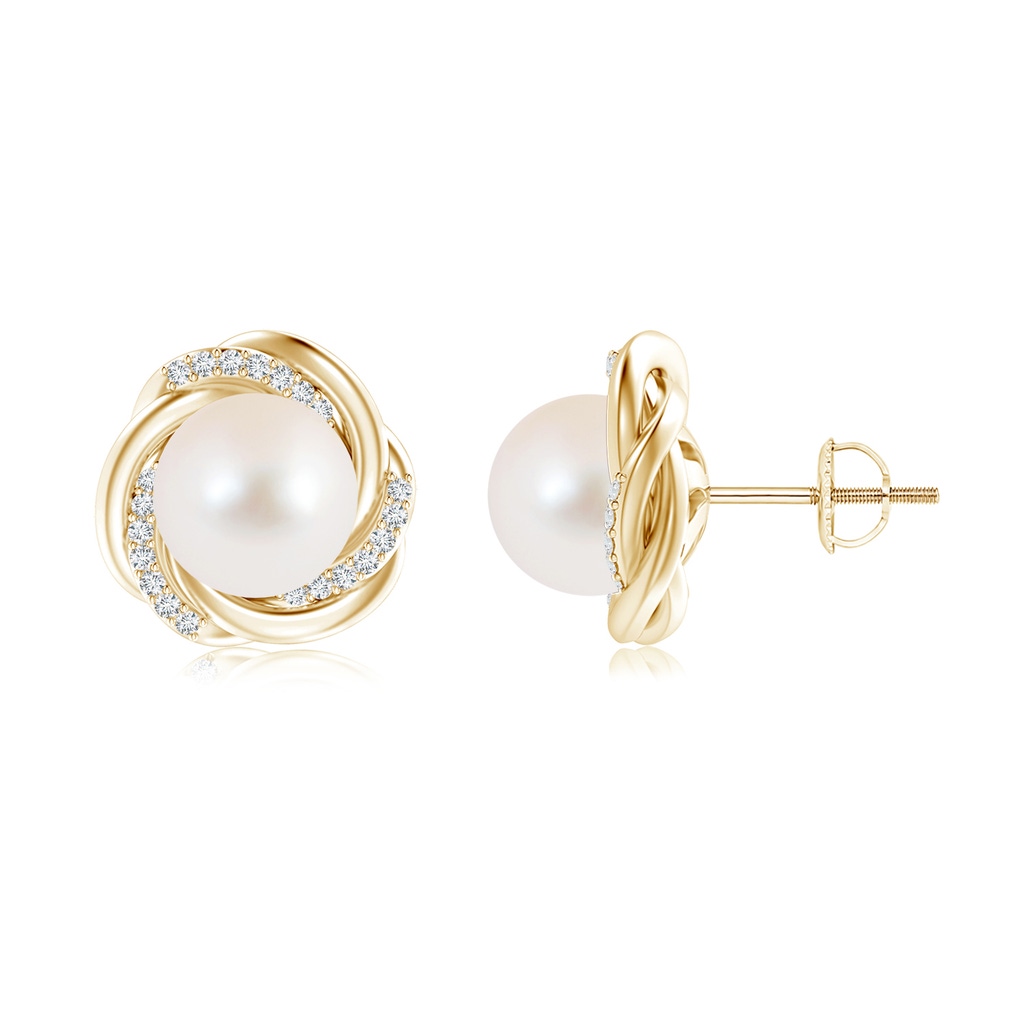 10mm AAA Freshwater Pearl Knot Earrings with Diamonds in Yellow Gold