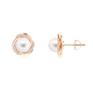 8mm AA Freshwater Pearl Knot Earrings with Diamonds in Rose Gold