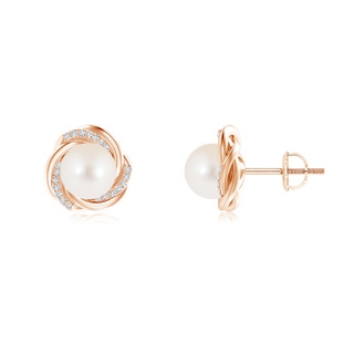 8mm AAA Freshwater Pearl Knot Earrings with Diamonds in Rose Gold